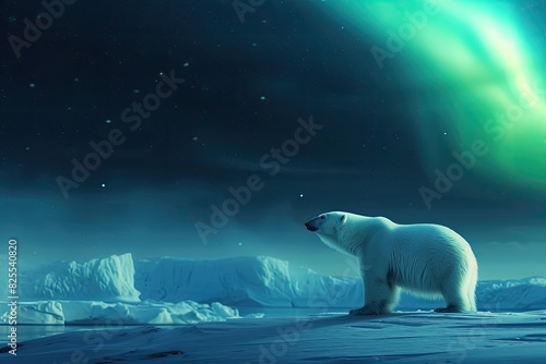 A snowy landscape with a lone polar bear under the northern lights © SaroStock