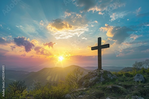 A sunrise scene depicting a wooden cross on a hill, reflecting the theme of Easter resurrection