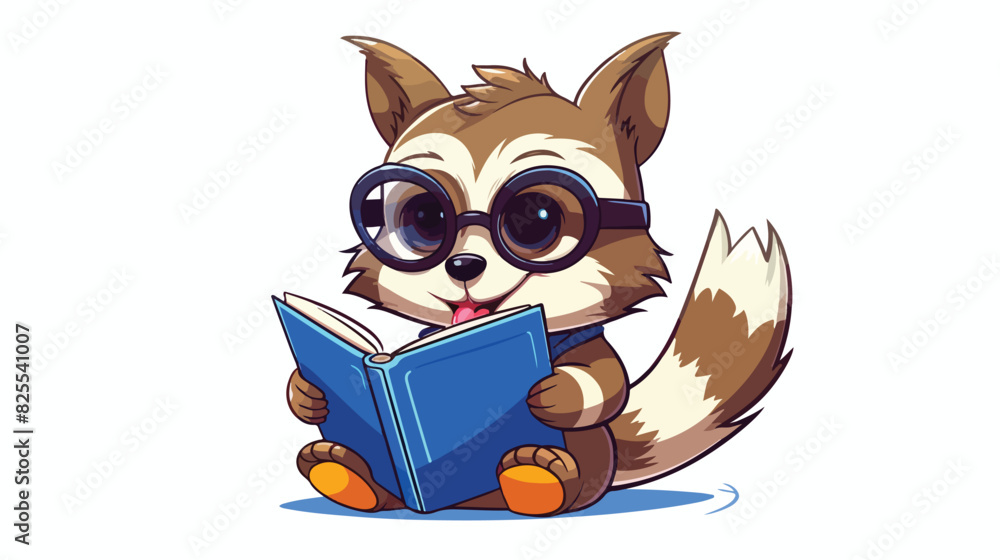 Cute little raccoon student character reading an in