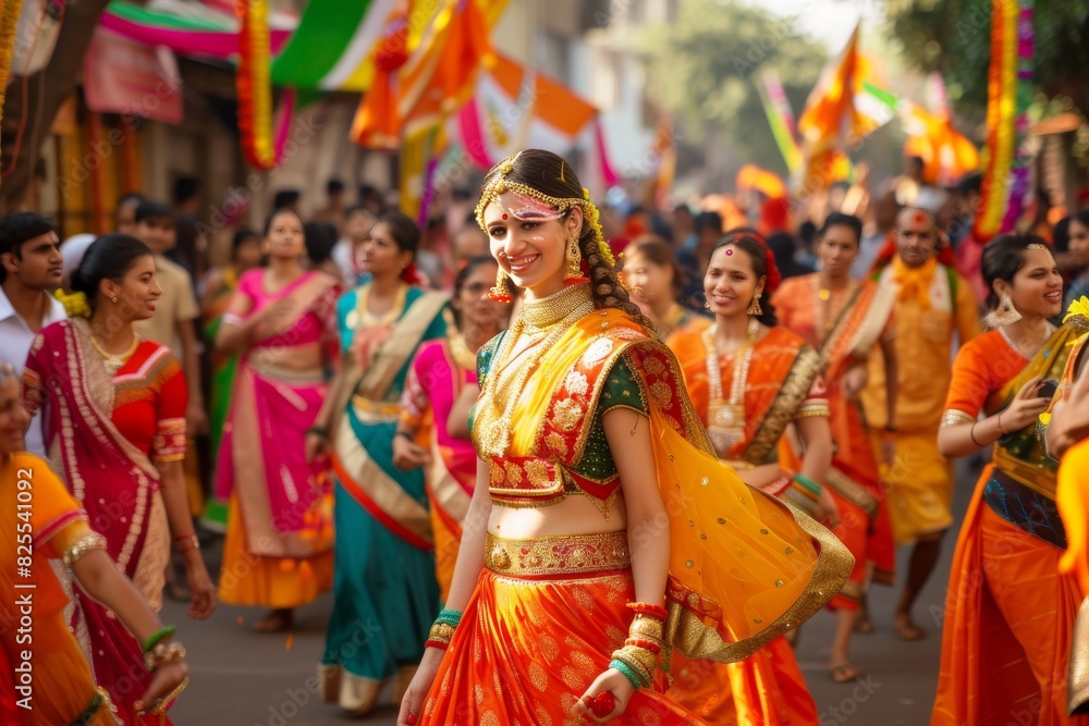 A vibrant picture of Gudi Padwa festivities showcasing people in traditional Maharashtrian dress celebrating the festival