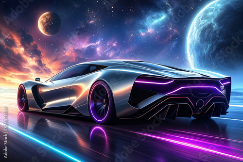 A futuristic, sleek sports car with purple and pink neon lights on the road at night, with a large planet visible in the sky above.