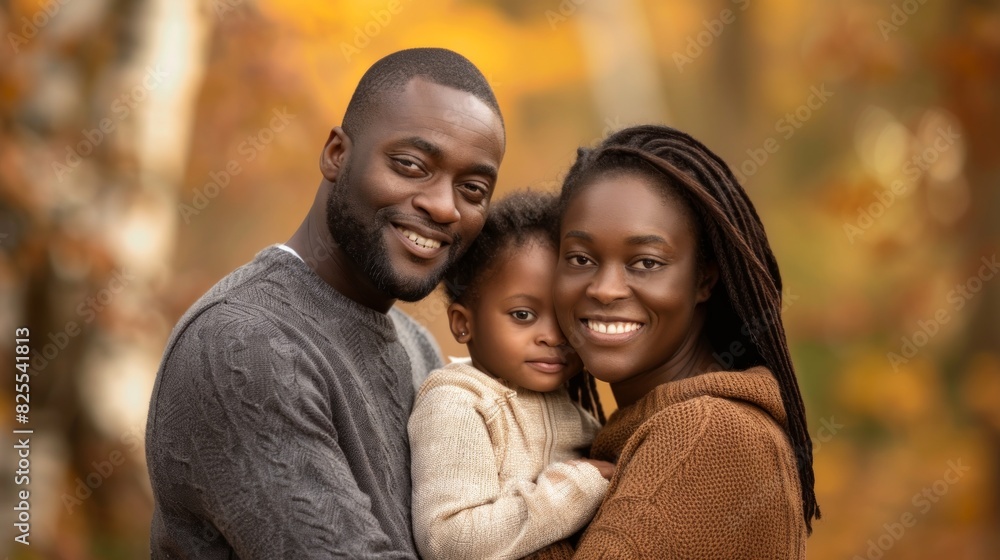 African American family in autumn park. Happy black parents and child in fall scenery. Concept of family bonding, nature, seasonal beauty