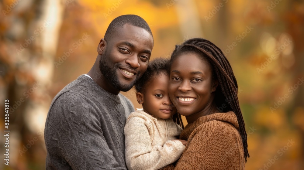 Fototapeta premium African American family in autumn park. Happy black parents and child in fall scenery. Concept of family bonding, nature, seasonal beauty