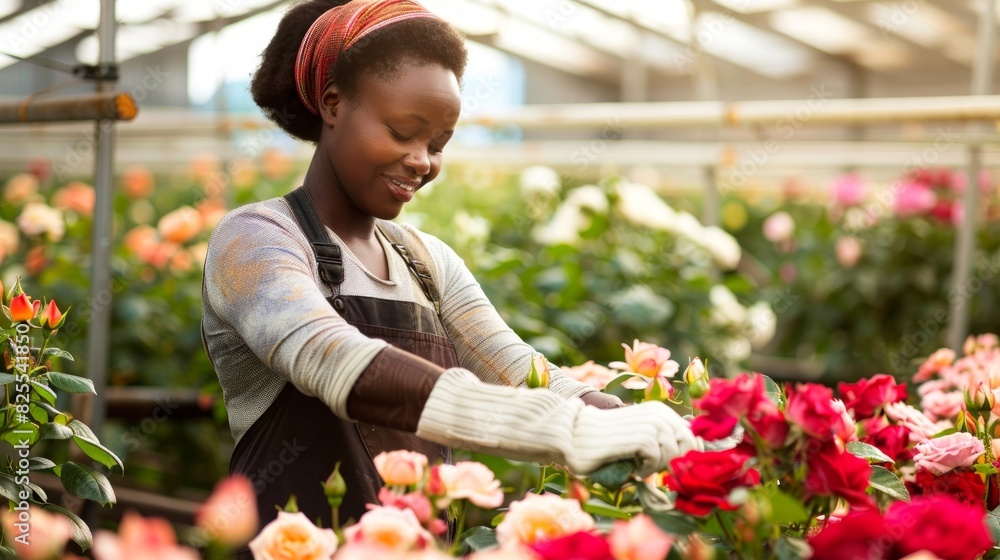 African American woman tending to roses in a greenhouse. Black female gardener. Concept of horticulture, floriculture, gardening, nature