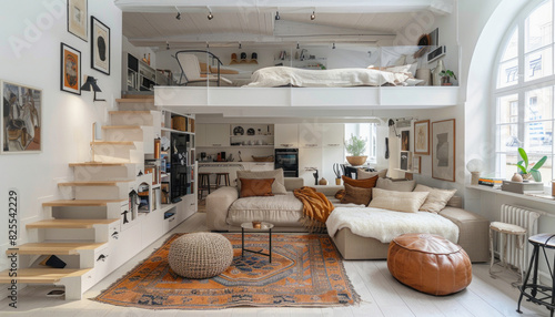 A wellfurnished living room with a couch, rug, stairs, and a bed on the second floor of the house photo