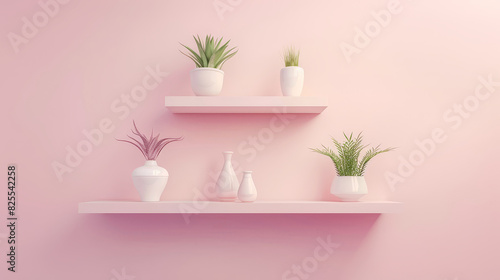 Minimalist shelves on a pale pink wall  modern interior.