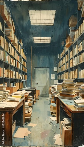 A depiction of a small accounting departments office, each overflowing with documents. photo