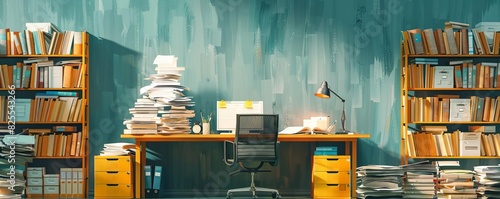 A quiet accounting office scene with a single desk, documents stacked high around it, no people visible in the room photo