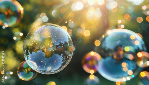 Soap bubbles float in the air with sunlight shining through them like Christmas ornaments on a tree