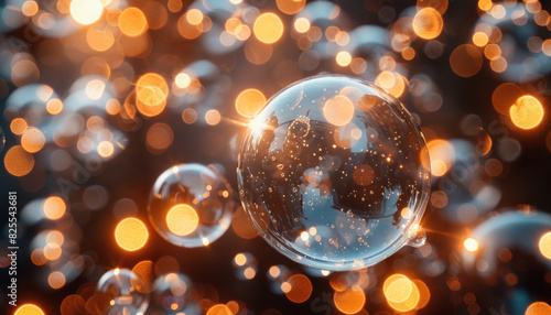 A multitude of soap bubbles are floating in the air, creating a contrast against a dark background photo