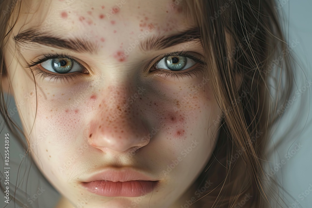 Fototapeta premium A close-up portrait of a teenage girl with acne, capturing the emotions of insecurity and self-consciousness