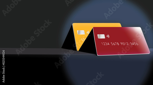 Two  credit cards or debit cards are in strong contrasty light on a dark background. There is text space or copy area, lorem upsum, in this 3-d illustration. photo
