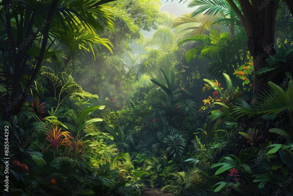 A dense jungle with vibrant flora and fauna, Summer tropical leaves with sunlight and green forest flowers background