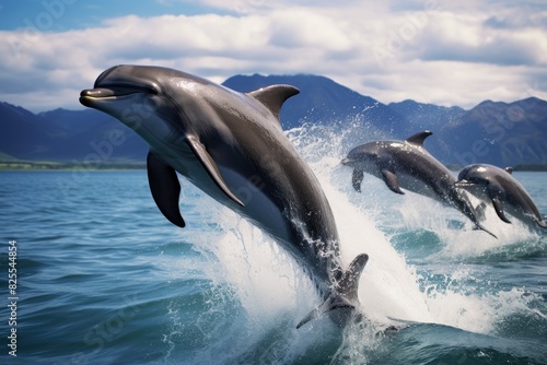 A group of energetic and playful dolphins on sea at sunset