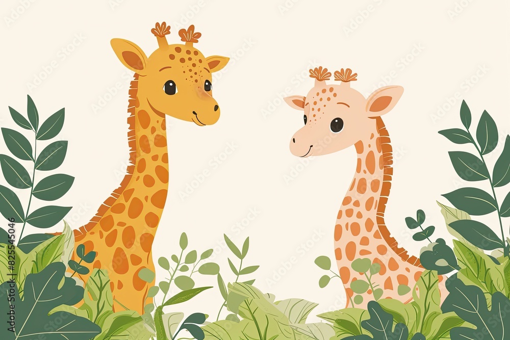 Fototapeta premium A heartwarming image of baby giraffes reaching for leaves, portrayed in an endearing and gentle vector illustration