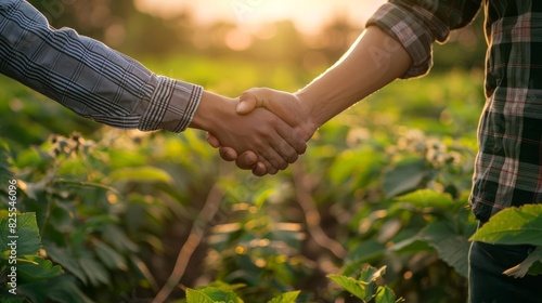 farmers shaking hands in agreement while working together on lush agricultural land cropped collaboration photography © furyon