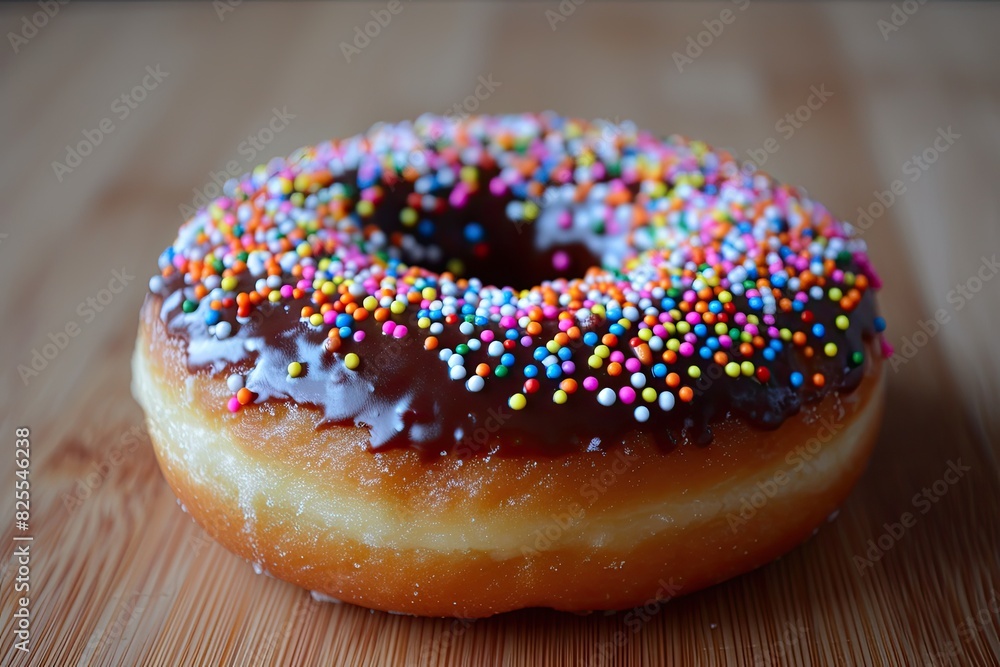 A sprinklecovered doughnut with a melting chocolate glaze A sprinklecovered doughnut with a melting chocolate glaze