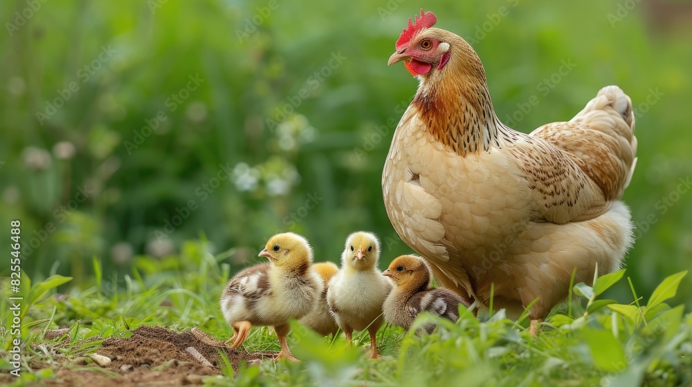 Fototapeta premium Chicks cheeping around their clucking mother hen