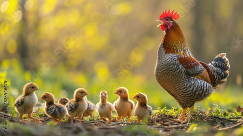 Chicks cheeping around their clucking mother hen photo