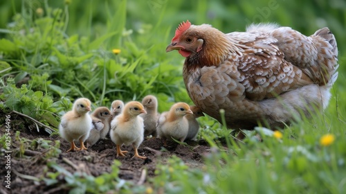 Chicks cheeping around their clucking mother hen