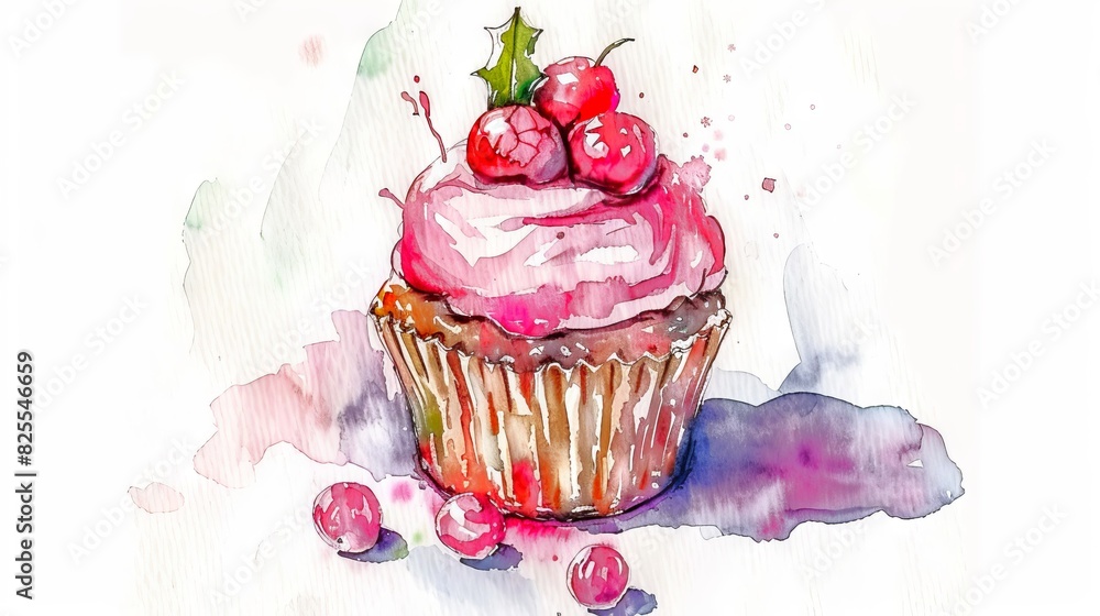 Watercolor cupcake with pink frosting and berries. Dessert illustration ...