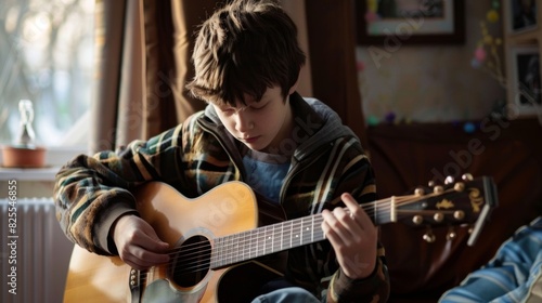 A teen with autism sits with their music the quietly strumming a guitar while listening to a vinyl record that helps calm their sensory overload.