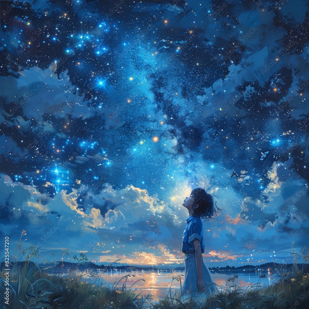 Mysterious Path to Enlightenment. A woman standing on a hill looking at the stars. Mysterious Path to Enlightenment. A woman standing on a hill looking at the stars.