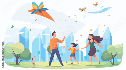 Family with child flying a kite in park flat vector