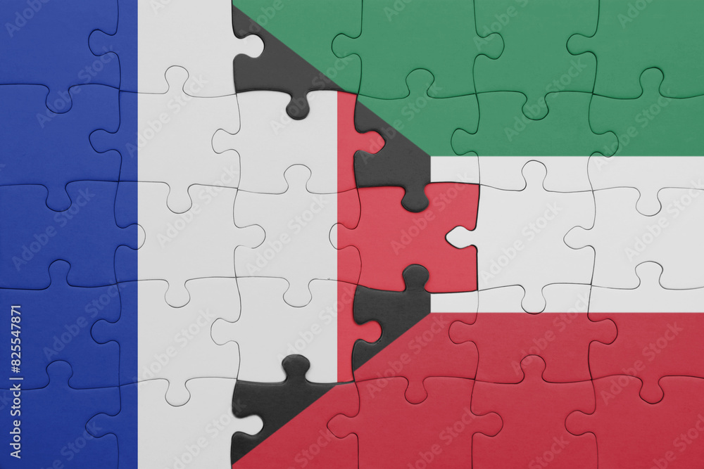 puzzle with the colourful national flag of kuwait and flag of france. puzzle with the colourful national flag of kuwait and flag of france.