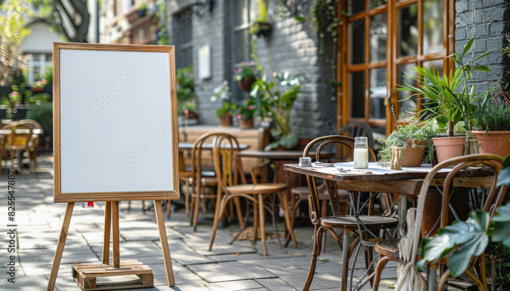 Obraz premium A white board outside the restaurant offers a cozy outdoor dining area with tables and chairs