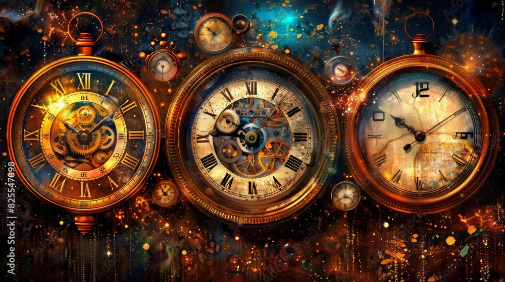 Fototapeta premium abstract clocks, yellows and golds, dark, blacks