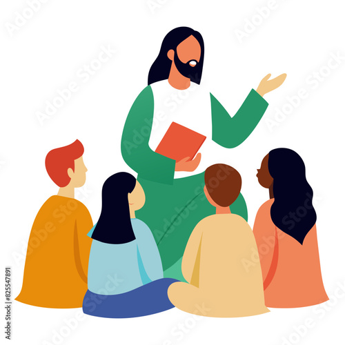 Jesus teaches crowd sitting around him