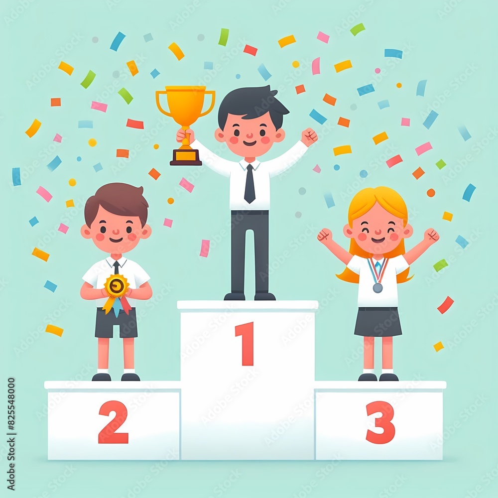 Happy Children Celebrating on Winners Podium Happy Children Celebrating on Winners Podium