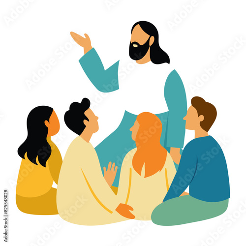 Jesus teaches crowd sitting around him