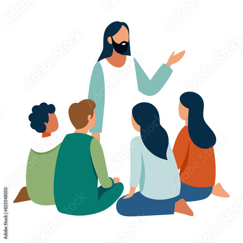 Jesus teaches crowd sitting around him