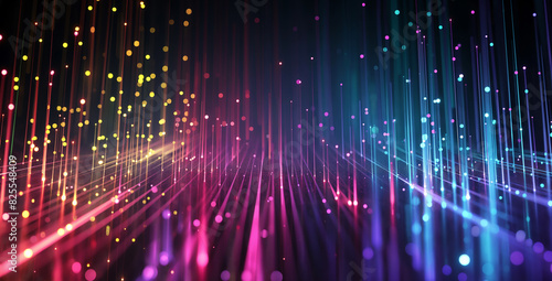 High-tech networks, digital environments, and the seamless movement of information. Abstract Colorful Glowing Lines with Dots in Motion 