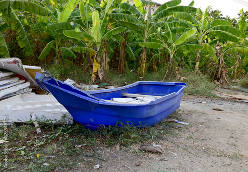 Closeup of Blue Fiber Plastic Boat broken and damaged parked on the ground inside a banana tree orchard with natural background at Thailand.