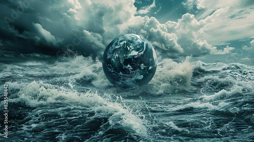 sinking globe engulfed by massive flood waves dramatic climate change concept illustration photo