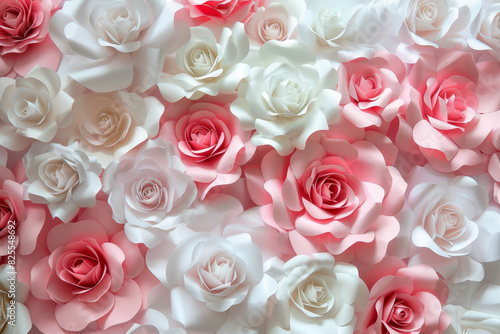 wall of paper roses in pink and white, background for wedding or party decoration