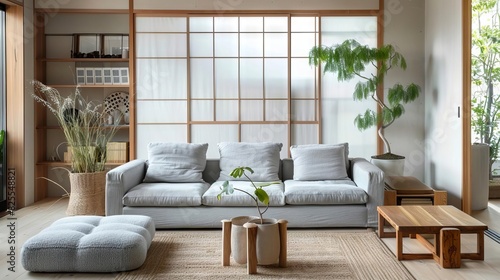 tranquil japaneseinspired living room with gray sofa and minimalist decor serene interior design photograph photo