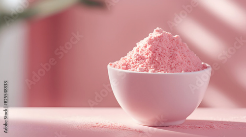 Pink strawberry flavored collagen powder in a bowl on a table
