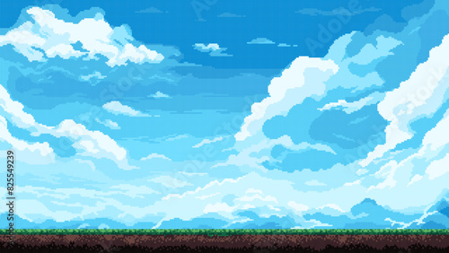 Pixel art sky background, clouds, blue sky, 8 bit game level, vector