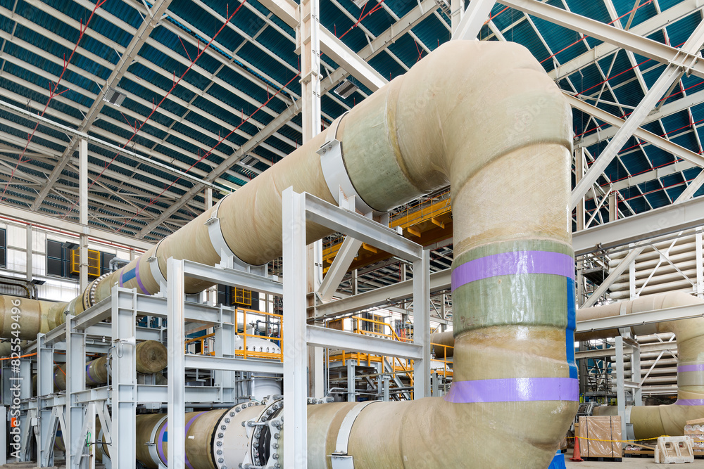 Water pipes and pumps at a reverse osmosis desalination plant. Stock ...