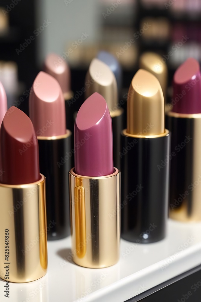 Obraz premium Lipstick Collection. This image showcases a multi-colored collection of lipsticks, each encased in a luxurious gold case. Displayed on a stand in a cosmetics store.
