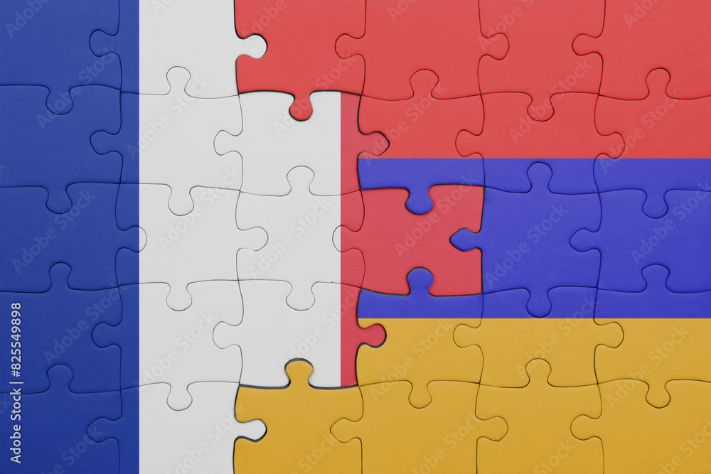 puzzle with the colourful national flag of armenia and flag of france. puzzle with the colourful national flag of armenia and flag of france.