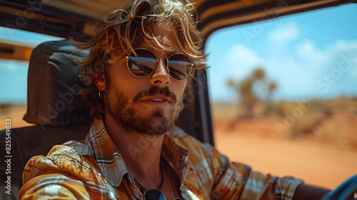 Man Driving a Jeep on a Dusty Road in a Desert Landscape