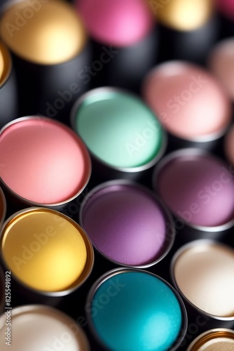 Lipstick Collection. This image showcases a multi-colored collection of lipsticks  each encased in a luxurious gold case. Displayed on a stand in a cosmetics store.