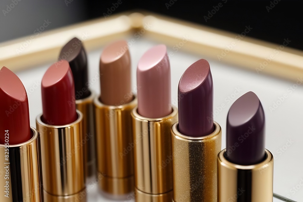 Obraz premium Lipstick Collection. This image showcases a multi-colored collection of lipsticks, each encased in a luxurious gold case. Displayed on a stand in a cosmetics store.