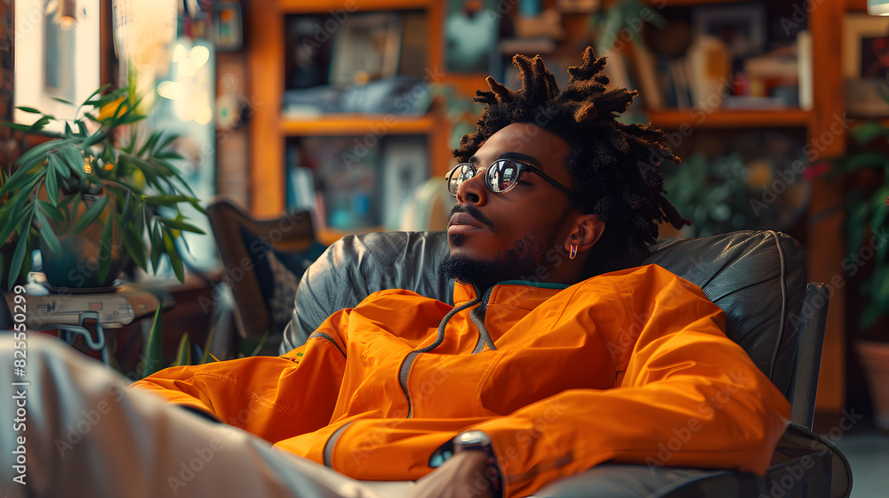 A Man with Dreadlocks Wearing a Yellow Hoodie Sitting on a Bed in a Room A Man with Dreadlocks Wearing a Yellow Hoodie Sitting on a Bed in a Room