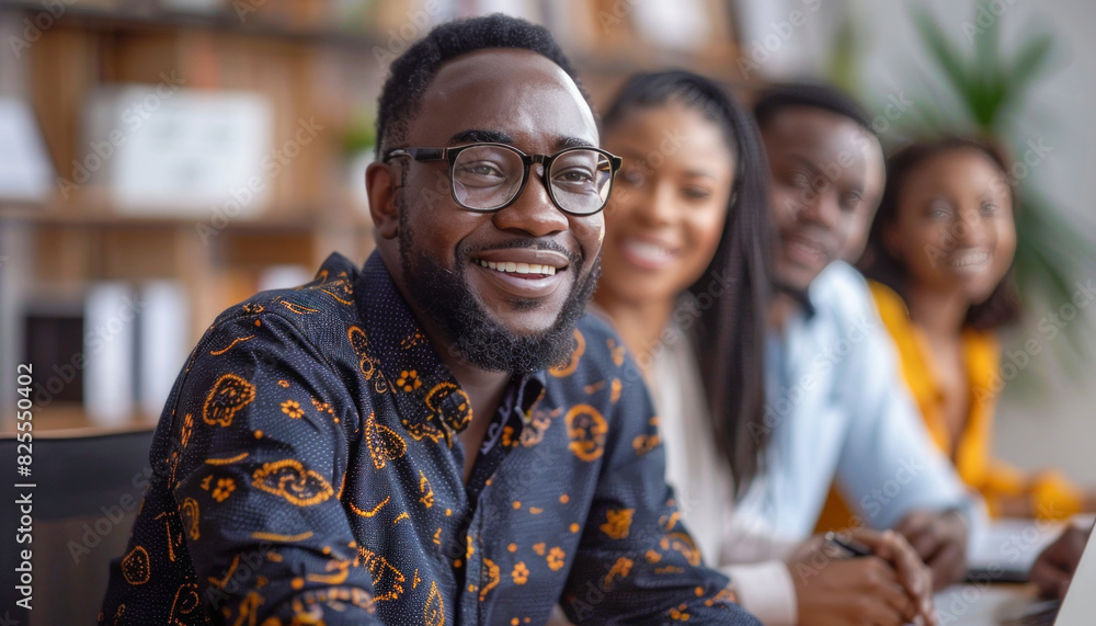 Fototapeta premium A group of joyful individuals around a table, smiling, sharing, with a laptop in the middle
